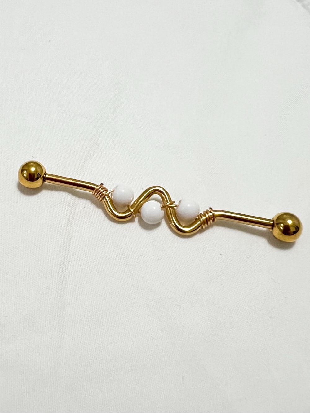 Gold Industrial Barbell with White Beads - Women's Jewelry